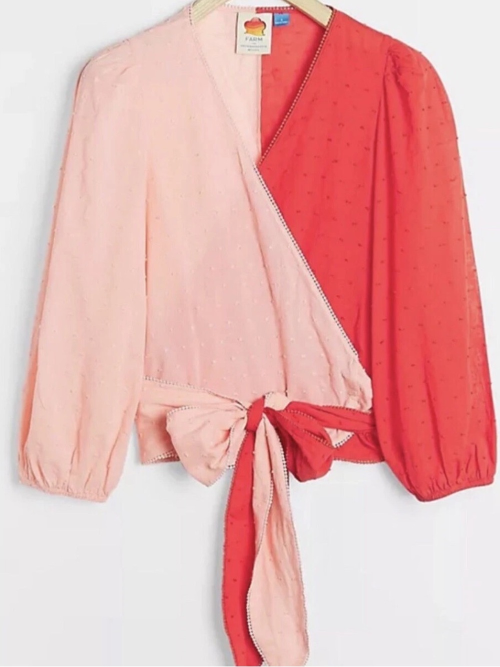 Anthropologie x FARM Rio Wrap Blouse Swiss Dot Puff Sleeve Colorblock Pink Red - Picture 15 of 15